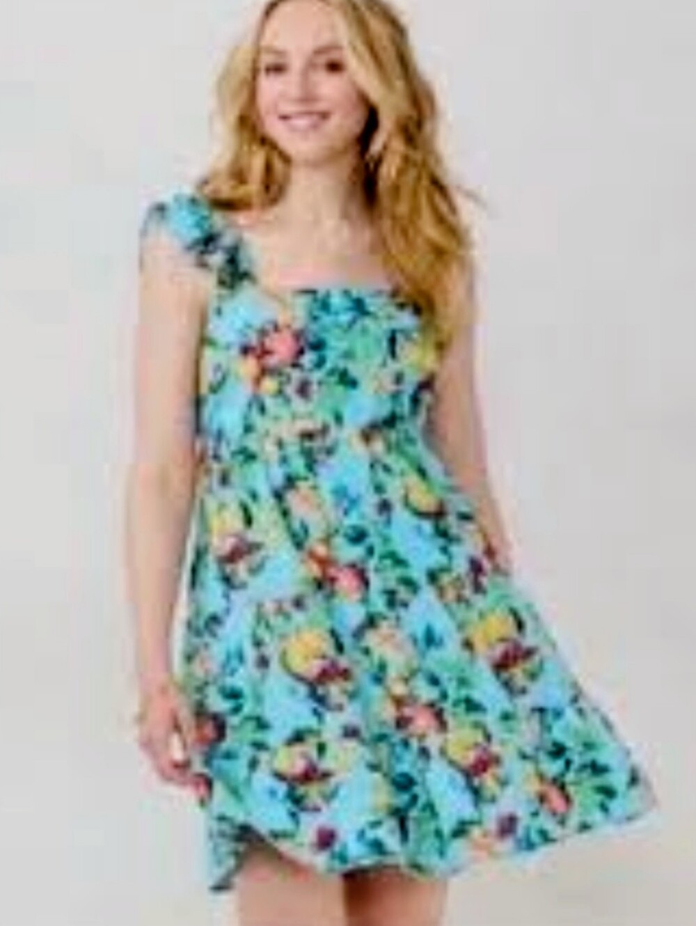 🌼B2G1🌼 LC Lauren Conrad Light Blue Fruit Print Square-Neck Mini Dress - Picture 1 of 8